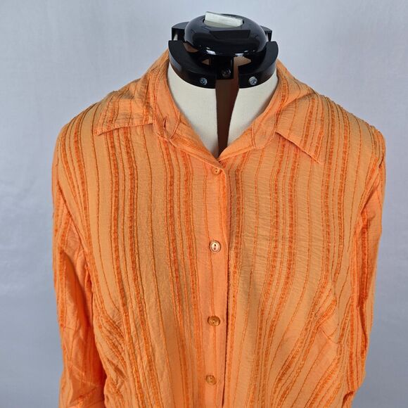 CJ Banks Blouse Women's 1X Orange Striped Button Down 3/4 Sleeve Collar NWT - Picture 2 of 16